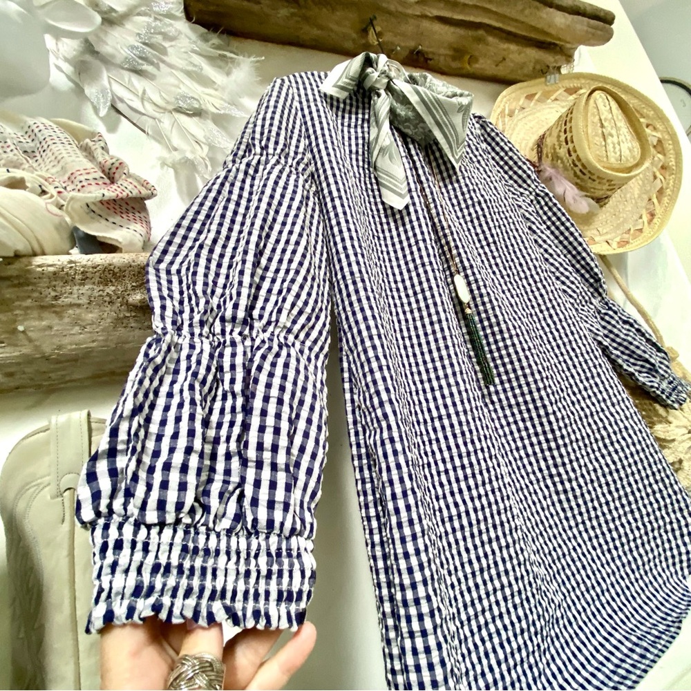 Prairie seersucker boho doll check dress w standing up collar shabby chic vibe